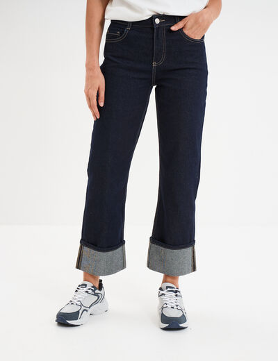 Jeans droit taille haute revers 7/8ème denim brut femme