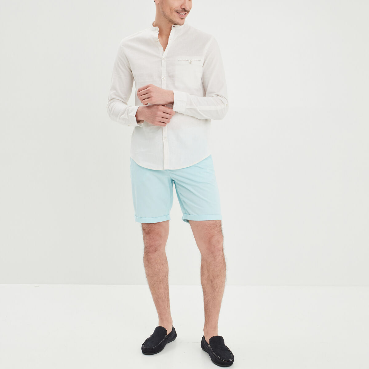 Chemise col mao lin mélangé blanc homme