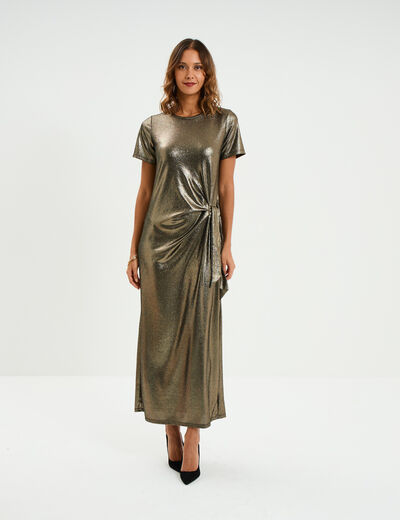 Robe longue d&eacute;tail noeud c&ocirc;t&eacute; jaune or femme