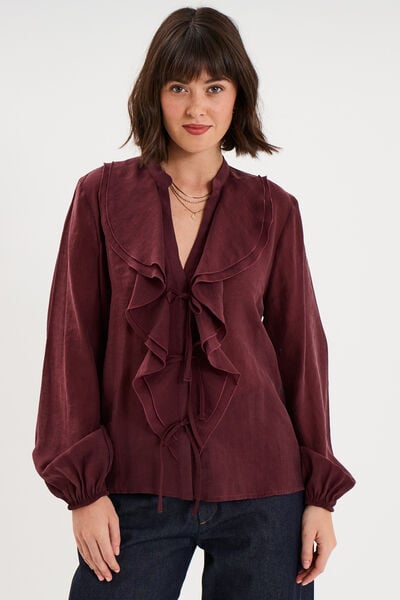 Blouse fluide nou&eacute;e col en V &agrave; volants violet fonc&eacute; femme