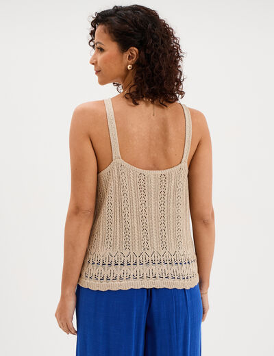 D&eacute;bardeur en maille crochet avec boutons beige femme