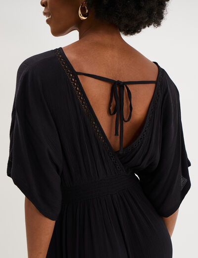 Robe fluide longue col et dos en V noir femme
