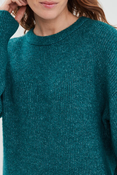 Pull col rond manches ballons bleu canard femme