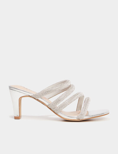 Mules &agrave; talons brides &agrave; strass Mosquitos gris argent femme