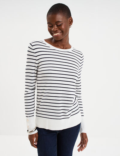 Pull col rond boutons aux poignets beige femme