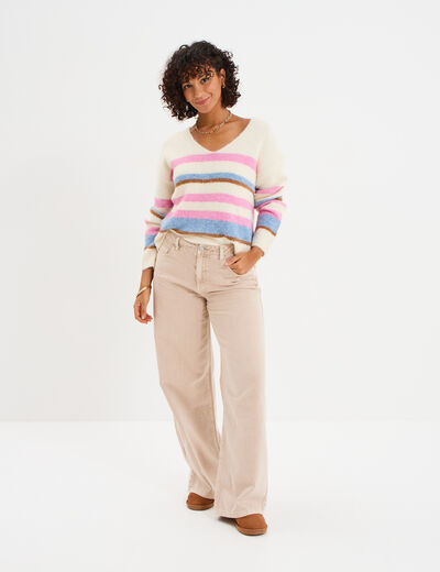 Pull col en V manches longues ecru femme