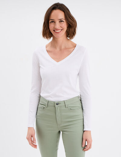 T-shirt col en V manches longues coton blanc femme