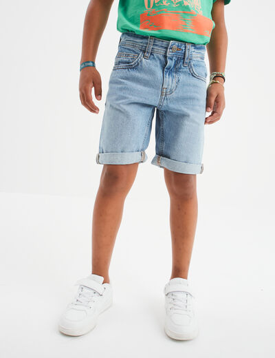 Bermuda jean straight taille élastique denim triple stone garçon