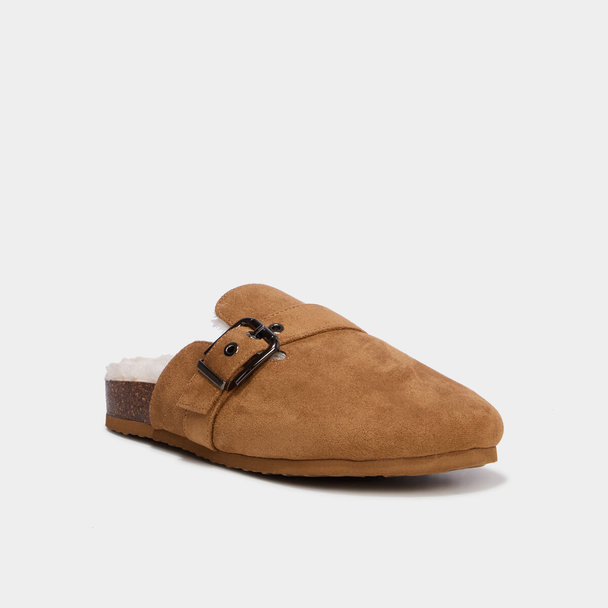 Mules fourr&eacute;es avec boucles marron femme