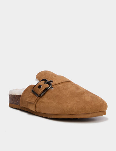 Mules fourr&eacute;es avec boucles marron femme