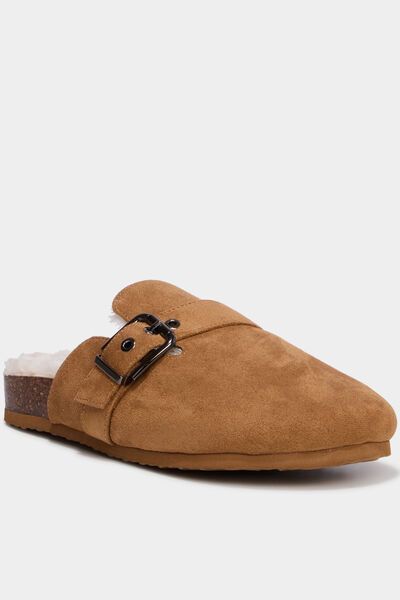 Mules fourr&eacute;es avec boucles marron femme