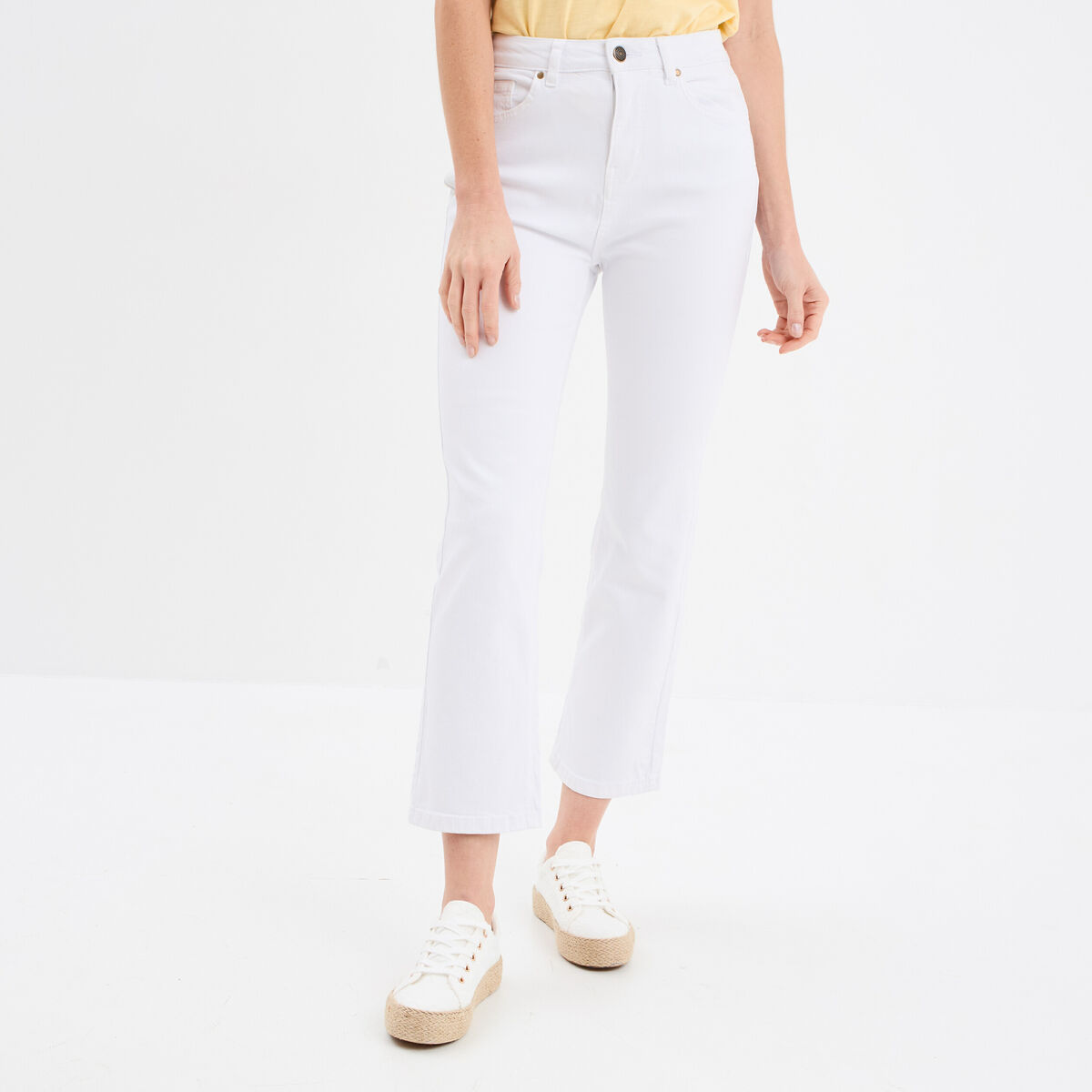 Pantalon flare 7/8&egrave;me taille haute blanc femme