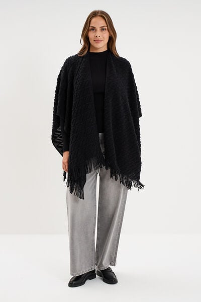 Poncho &agrave; franges ample noir femme