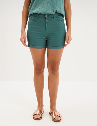 Short en jean slim coton stretch vert fonc&eacute; femme