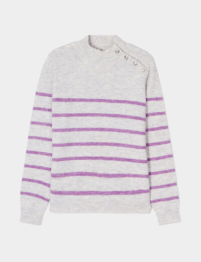 Pull marinière boutons à l'épaule gris clair femme