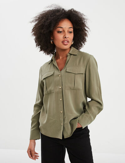 Chemise manches longues 2 poches vert kaki femme