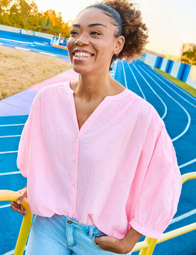 Blouse oversize manches brod&eacute;es rose fluo femme