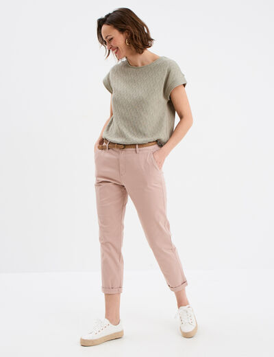 Pantalon chino 7/8ème ceinture tressée rose poudrée femme