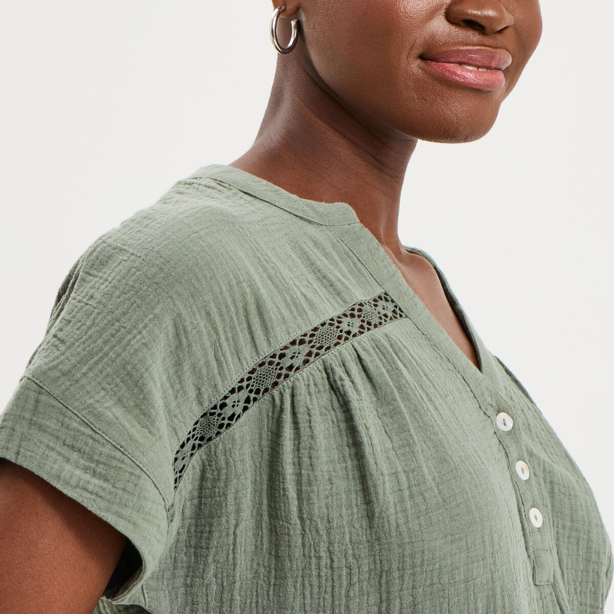 Blouse Col tunisien gaze de coton vert kaki femme