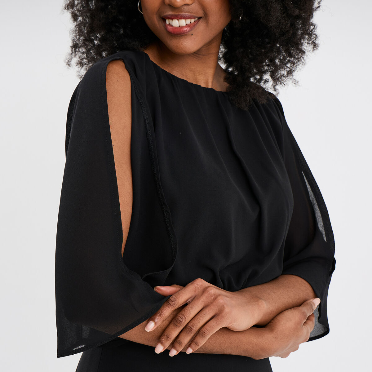 Robe longue manches 3/4 fendues noir femme