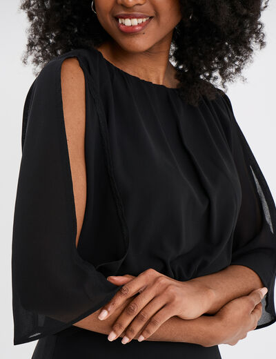 Robe longue manches 3/4 fendues noir femme