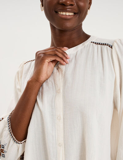 Blouse brod&eacute;e oversize manches 3/4 ecru femme
