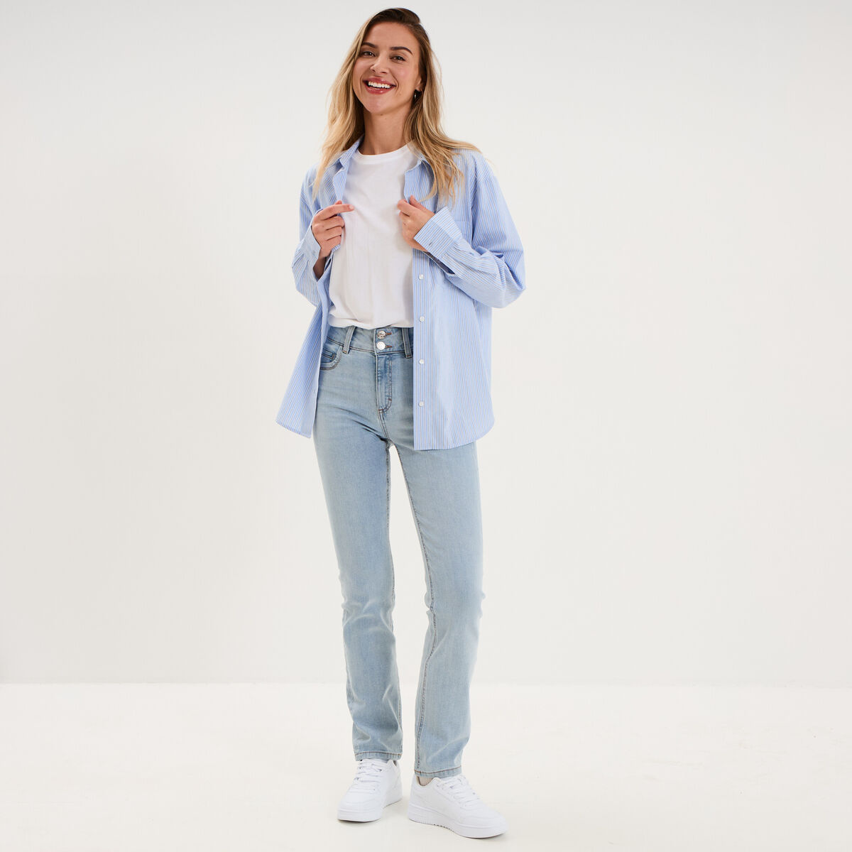 Jean denim droit en coton denim double stone femme