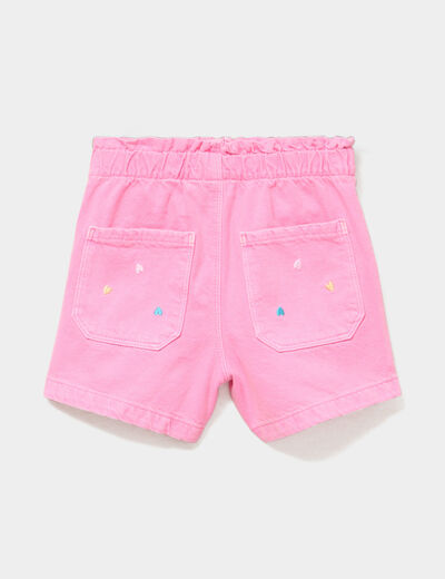 Short brod&eacute; droit &eacute;lastiqu&eacute; coton rose fluo fille