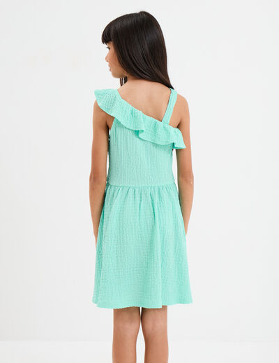 Robe courte col asymétrique à volants bleu turquoise fille