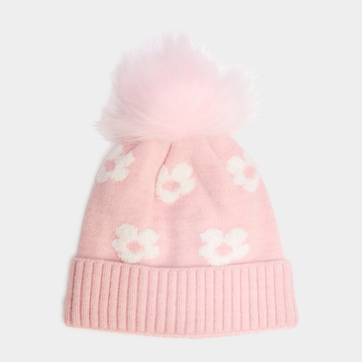 Bonnet avec pompon fausse fourrure rose fille