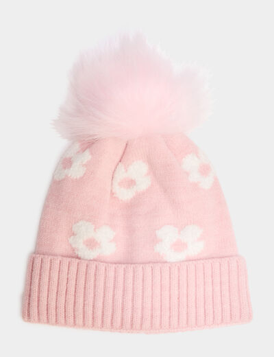 Bonnet avec pompon fausse fourrure rose fille