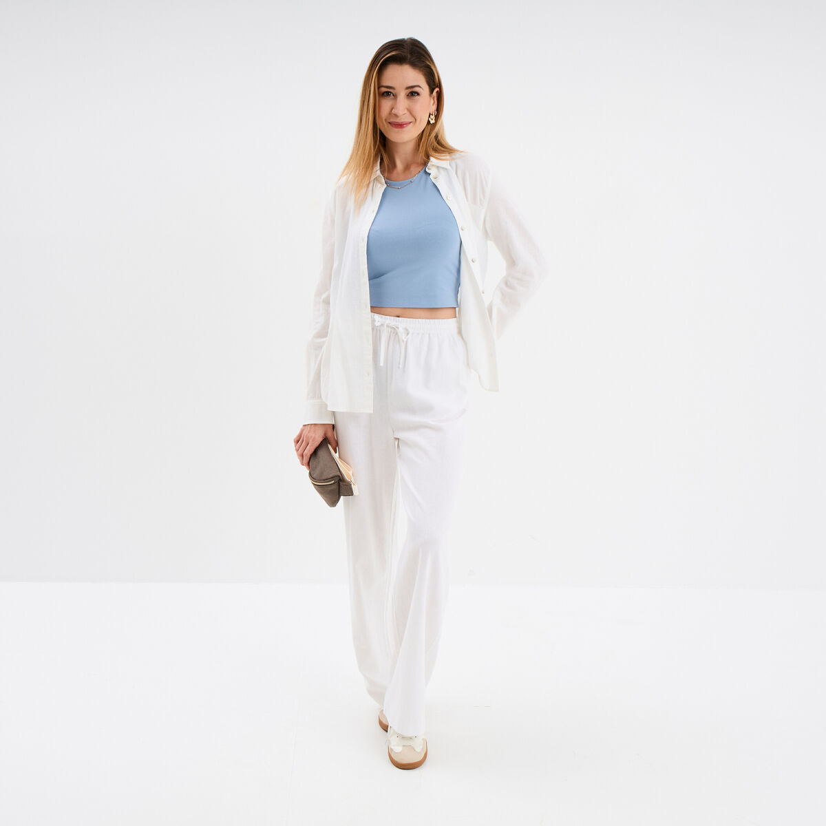 Pantalon large lin m&eacute;lang&eacute; blanc femme