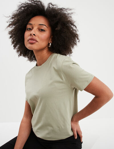 T-shirt col rond manches courtes coton vert kaki femme