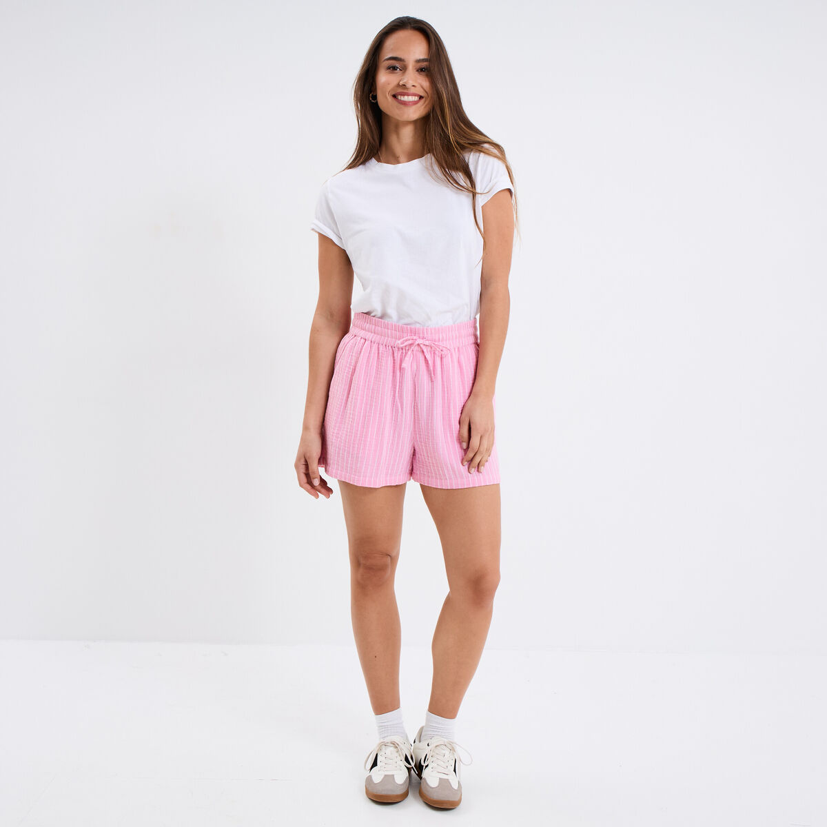Short taille élastiquée gaze de coton rose vif femme