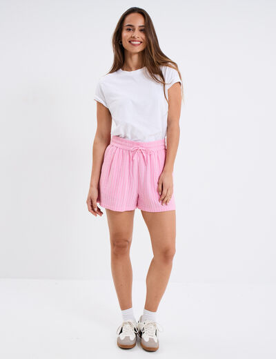 Short taille élastiquée gaze de coton rose vif femme