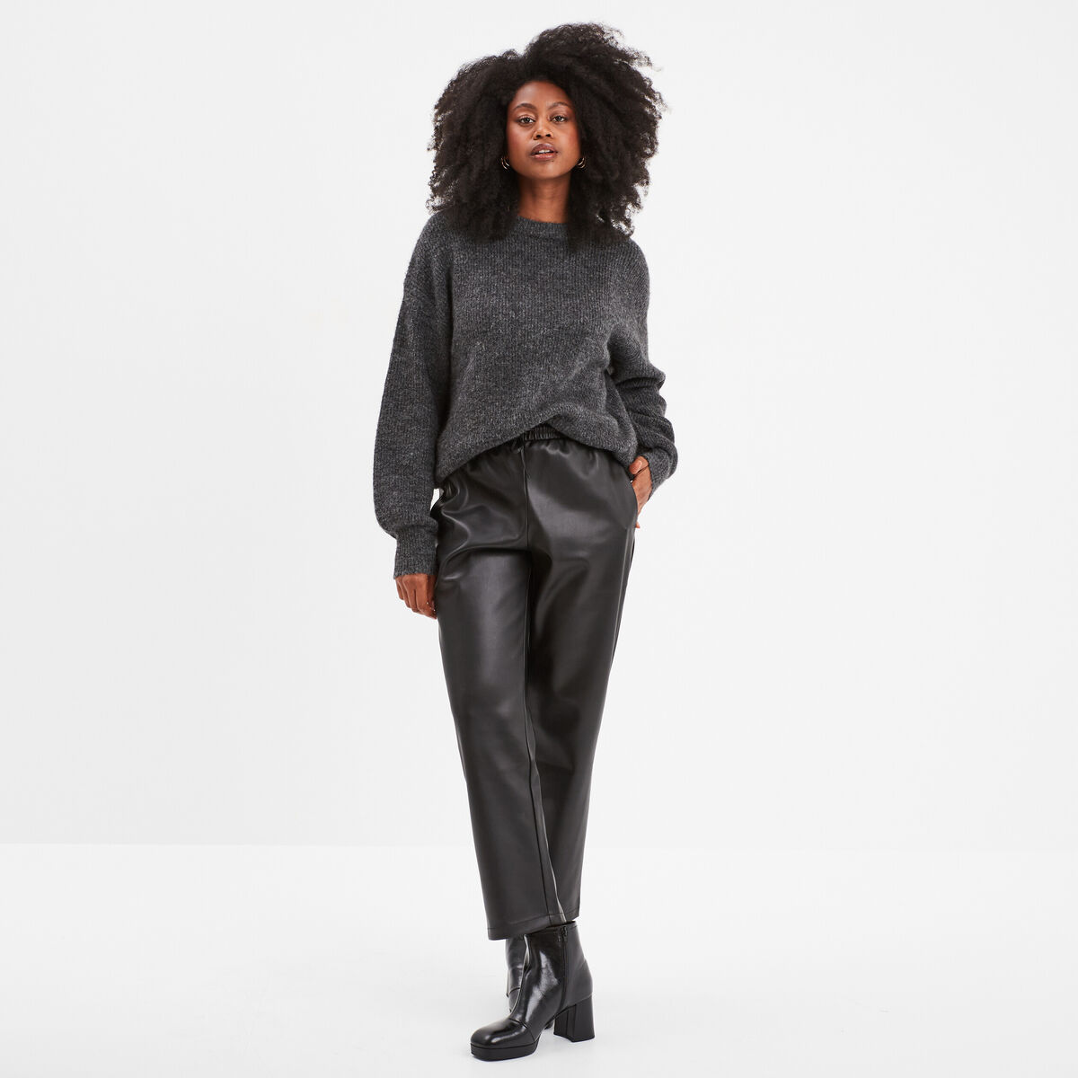 Pull col rond manches ballons gris foncé femme