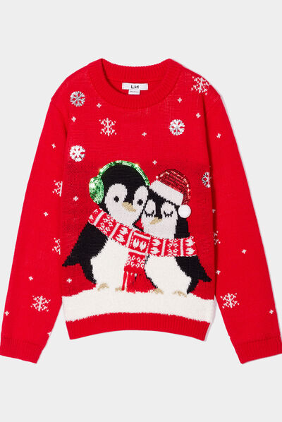 Pull de Noël à sequins manches longues rouge fille