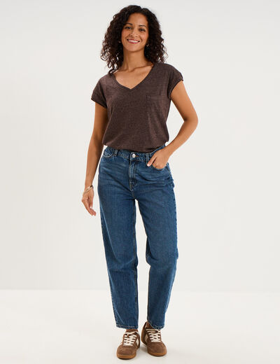 T-shirt col v poche poitrine marron fonc&eacute; femme