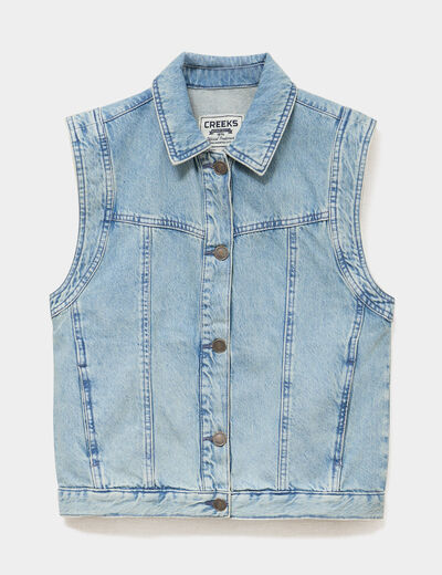 Veste en jean sans manches coton denim bleach femme