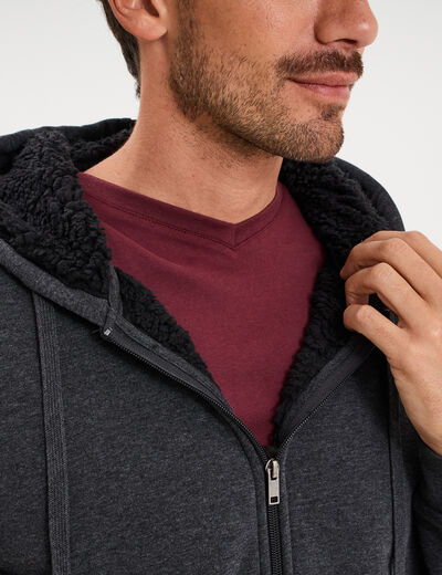 Sweat zipp&eacute; doublure effet sherpa gris fonc&eacute; homme
