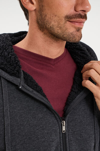 Sweat zipp&eacute; doublure effet sherpa gris fonc&eacute; homme