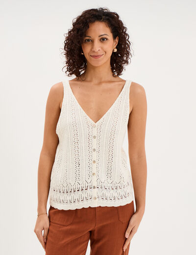 D&eacute;bardeur en maille crochet avec boutons ecru femme