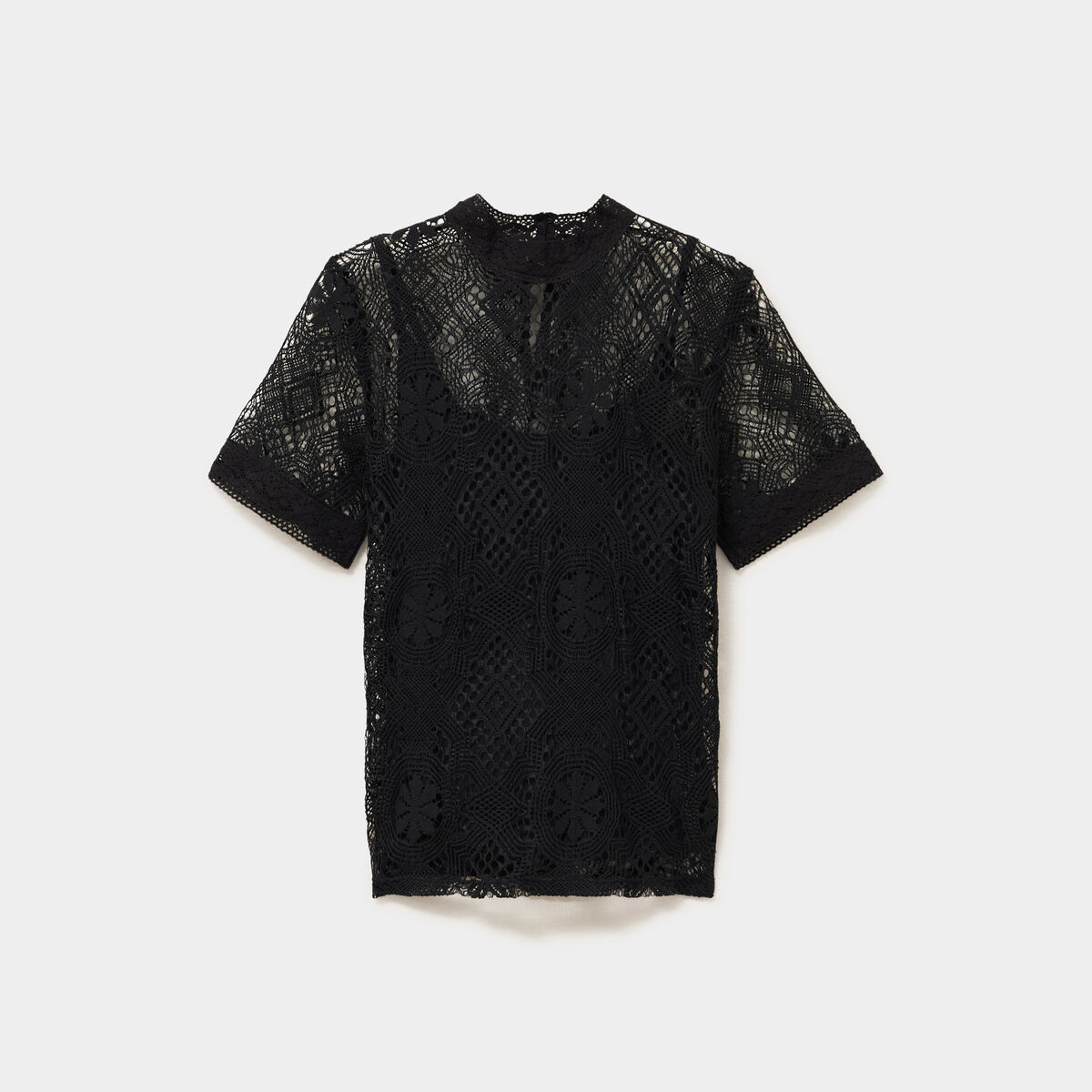 T-shirt dentelle manches courtes noir femme