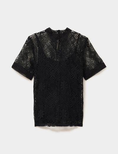 T-shirt dentelle manches courtes noir femme