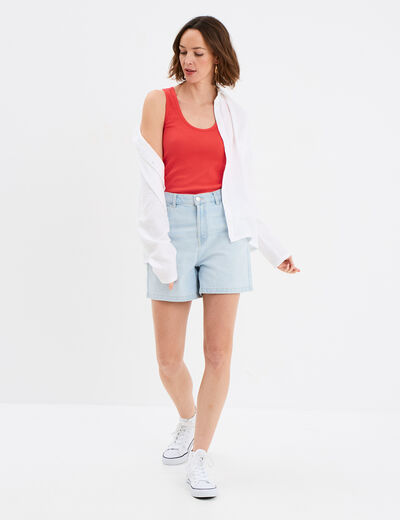 Débardeur col rond côtelé coton rouge femme