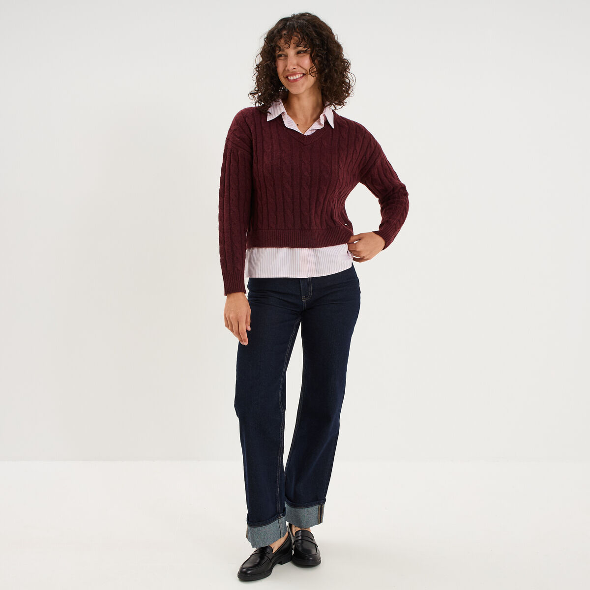 Pull torsades effet 2-en-1 chemise violet fonc&eacute; femme