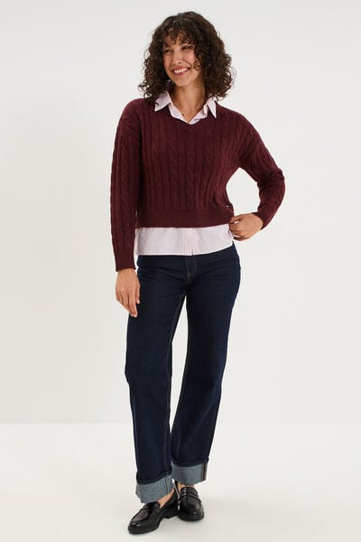 Pull torsades effet 2-en-1 chemise violet fonc&eacute; femme