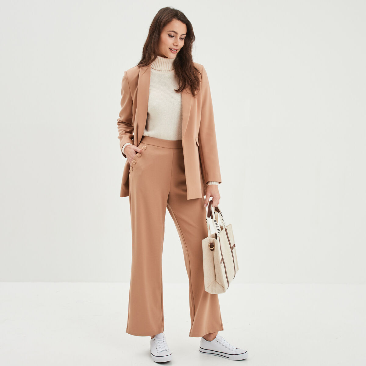 Pantalon droit à pont taille élastiquée marron clair femme