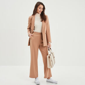 pantalon droit a pont taille elastiquee marron clair femme Pantalon droit à pont taille élastiquée marron clair femme