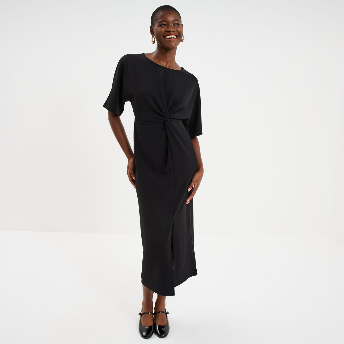 Robe longue effet nou&eacute; noir femme